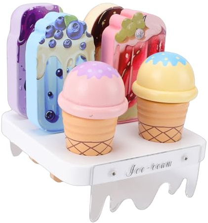 SPYMINNPOO Ice Cream Toys, Wooden Ice Cream Counter Playset Toy Food for Kids with Counter Scoop Base, Montessory Toys for Girls Boys Birthday