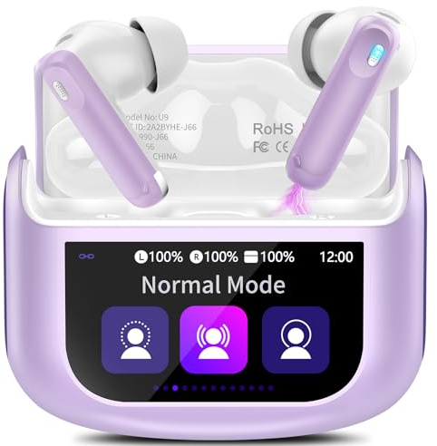 Wireless Earbuds, Bluetooth 5.4 Headphones with Multifunctional Touch Screen, 48H Bass Stereo Ear Buds with ANC/ENC Noise Cancelling/Transparency Mode, IPX7 Earphones with 5 EQ Modes, Taro purple