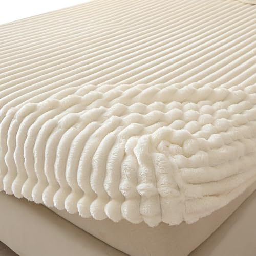 Plüsch Spannbettlaken Cord Bettlaken Winter Leintuch Flauschig Bettbezug Warm Spannbetttücher Spannleintuch Spannbetttuch(Off White,90x200cm)