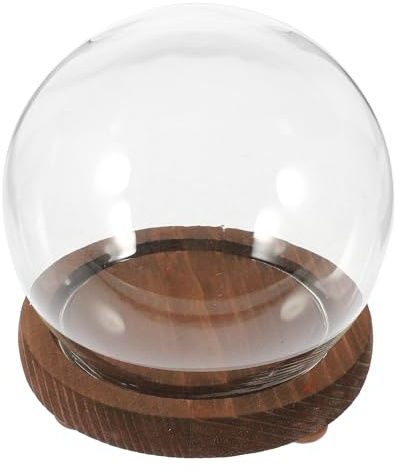 NOLITOY Cupola a Campana in Vetro Trasparente Rotonda con Base Vintage in Legno, Decorazione da Tavolo per Fiori Conservati e Piante Artificiali, Teca Espositiva Compatta per Scrivania