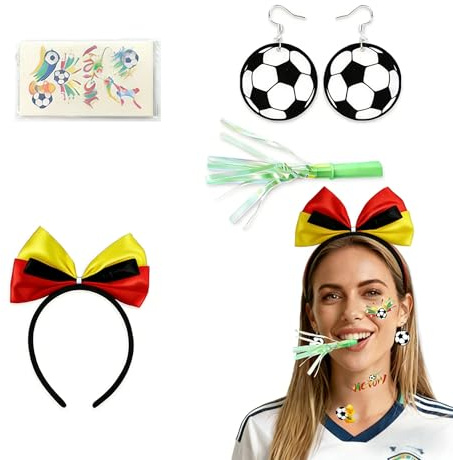 EPODA 2026 WM Fußball Fan Set, 4-teilig Deutschland Flagge Haarschleife, Ohrring, Tattoos und Tröte für Outdoor Party Dekoration