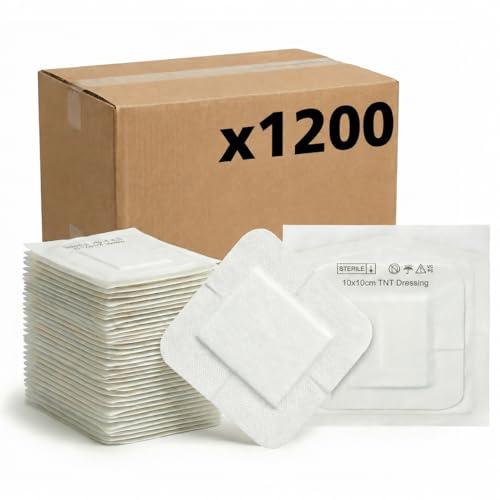 KMINA Apósitos Adhesivos Estériles de TNT 10x10 cm para Heridas (1200 uds) | 24 Cajas de 50, Almohadilla Central Absorbente, Hipoalergénicos, Sin Látex, Suministro Clínico, Hospitales y Farmacias