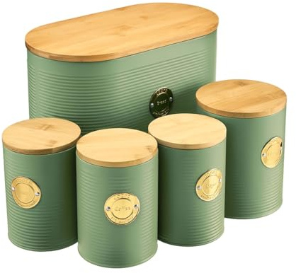 Cooks Professional 5 Piece Ribbed Tea Coffee Sugar Bread & Biscuit Cannisters with Air-Tight Bamboo Lids | Stainless Steel Kitchen Storage Bin Set | Modern & Stylish | Green & Gold