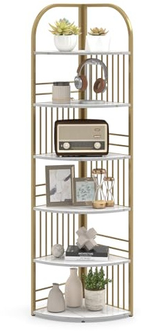 COSTWAY 6-Tier Corner Shelf, Freestanding Bookshelf Shelving Unit, Wooden Storage Bookcase Display Rack Plant Stand for Living Room, Bedroom, Hallway and Office (6-Tier, White+Gold)