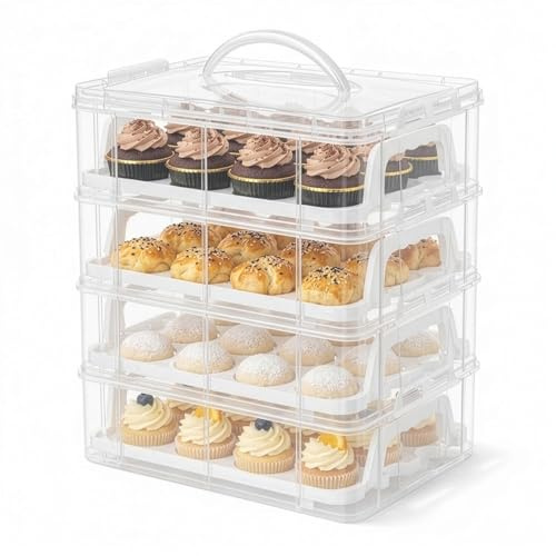 GREENSAPPIRE Four-Tier Cupcake Carrier with Handle, Stackable Muffin Cake Box, Airtight Snap Lid, Clear Plastic 48-Cupcake Storage Container with Compartments