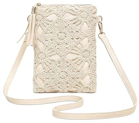 LOCCY Petit Sac Bandoulière pour Femme, Petit Sac à Main en Cuir PU Boho Sac a Main Fleurs Ajourées Pochette Telephone Sacoche avec Réglables Bandoulière pour Voyages, Courses, Travail (Beige)