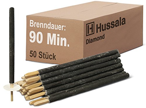 Hussala Diamond Wachsfackeln [50 Stück / 90 min] mit Holzstab und Tropschutz, Garten Fackeln aus Diamond-Wachs