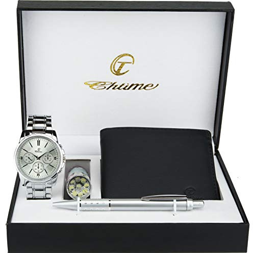 Coffret Cadeau Montre Homme - Lampe LED - Portefeuille -Stylo, Argent, 42, Bracelet