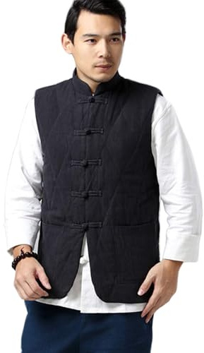 LUZU JUNU Men's Kung Fu Shirt Traditional Chinese Style Waistcoat Vintage Sleeveless Vest Jacket (MF-161 Black, X-Large)