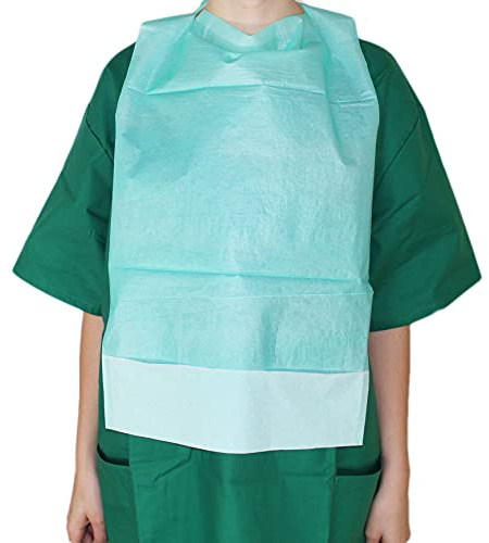 Medi-Inn+ Einmal-Esslätzchen 64 cm x 36 cm | 100 Stück | Esslatz mit PE-Beschichtung und praktischer Auffangtasche | für Erwachsene, Senioren oder Kinder I Farbe grün