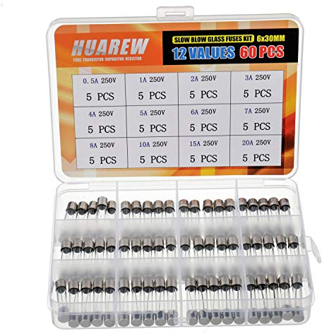 HUAREW 12 valeurs 60 pièces 6x30 mm fusible en verre à fusion lente 0,24x1,18 pouces 250 V tension T 0,5 1 2 3 4 5 6 7 8 10 15 20 A ampli Kit de classification