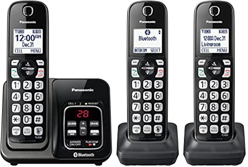 Panasonic Expandable Cordless Phone System with Link2Cell Bluetooth, Voice Assistant, Answering Machine and Call Blocking - 3 Cordless Handsets - KX-TGD663M (Metallic Black)