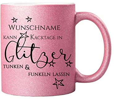 ORWONet personalisierte Glitzertasse mit Namen | 330 ml Glitzer-Keramik-Tasse mit Spruch & Wunschnamen | Made in Germany | hochwertige Keramik (Rosa, Kacktage funkeln)