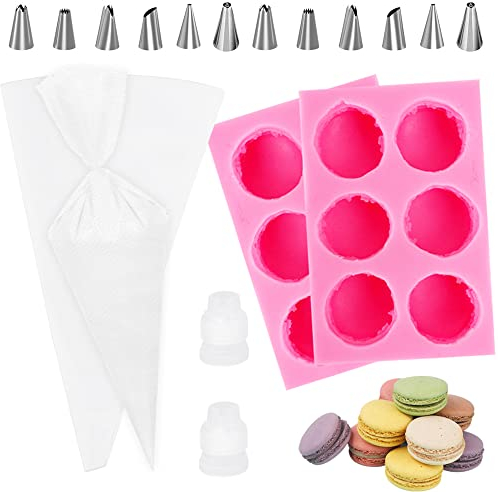 2 moldes de silicona para macarrones 3D de 6 cavidades, molde para caramelos de macarrones con 2 bolsas de tuberías y 12 boquillas, velas, jabón
