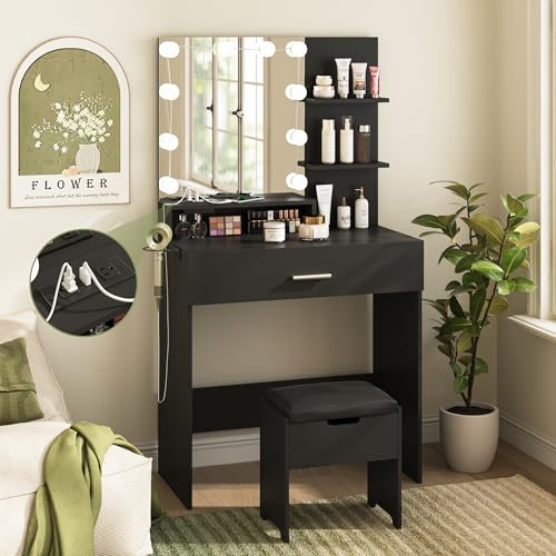Vabches Small Vanity Desk with Mirror and Lights, Makeup Vanity with Storage Chair & Power Strip,Girl Dressing Table Set with Drawer for Bedroom,3 Lighting Modes,Brightness Adjustable,Black