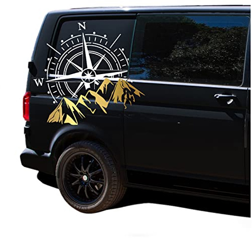 Finest Folia Bildekal Kompass Berge 60x56 cm – Väderbeständig bilsticker för husbil, autocamper, husvagn, offroad, van, SUV – Självhäftande premiumfolie vit guld KX072 KX073