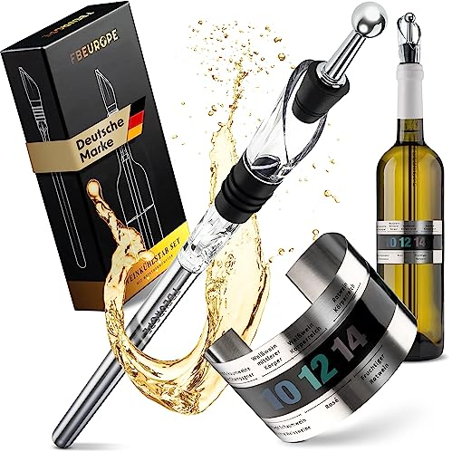 fbeurope Weinkühlstab Set Edelstahl mit Ausgießer & Weinthermometer I weinkühler stab Geburtstagsgeschenk für Frauen - Männer Weinliebhaber I geschenke für weinliebhaber (4-in-1 Set)