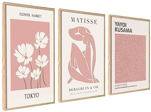 ag.art deco Moderne Poster Set | 3 Stück 50x70cm | Stilvolle Matisse Kusama Pastell Rosa Collagen mit passenden Bilder als Wanddeko | ohne Rahmen | Moderne Stilvolle Matisse Kusama Pastell Rosa Collagen mit passenden Bilder als Wanddeko, Modernes Design, Einfache Montage