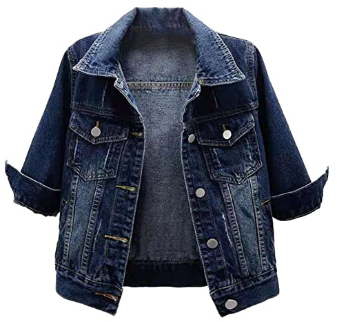 TiaoBug Giubbino Bolero Corto da Donna in Denim Manica 3/4 Giacca in Jeans Giacchetto con Tasche a Maniche 3/4 Trucker Giacca Estate Giacche Bolero Coprispalle Streetwear Blu scuro M