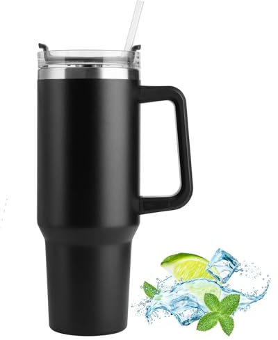 40 oz Thermobecher mit Strohhalm und Henkel, Doppelwandiger Edelstahl Vakuum Isolierbecher mit Deckel, Autobecher Becher Tumbler Thermobecher Kaffeebecher für Heißer und Kalter Getränke - Schwarz