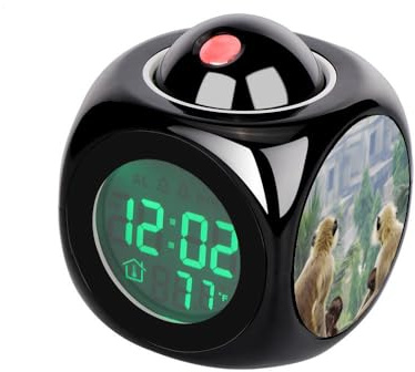 Projection Digital Children Black Alarm Clock Temperature Thermometer Desk Time Date Display Table Clock Four Monkeys Sitting on Soil Watching Houses and Palm Trees
