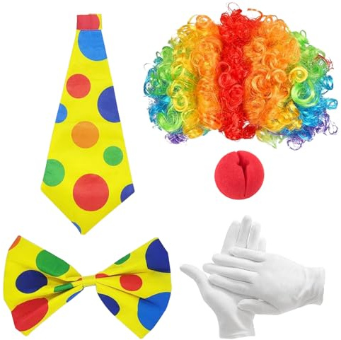 DONGSZQ 5 Stück Clown Kostüm Accessoire, Clown Set, Clown Kostüm Set, Clown Lockenperücke + Clownsnase + Bunte Krawatte + Bunte Fliege +Handschuhe, Geeignet für Ostern, Arty Event, Karnevals Kostüm