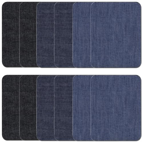 12 Stück Flicken zum Aufbügeln, Bügelflicken für Innen-Außen, Denim Flicken, Reparaturflicken, Reparatur-Dekorationsset für Jeans und Kleidung, 9.5 * 12.5 cm, Iron-on Repair Patches (Denim 3 Farben)
