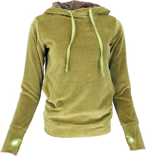 GURU SHOP Nicki-Kapuzenpullover, Weicher Hoodie, Boho Samt Sweatshirt - Grün, Damen, Size:XL