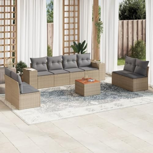 ULUYYUC 9-TLG. Garten-Sofagarnitur, Eckbankgruppe Küchensofa Bodensofa Schlafsessel Mit Bettfunktion Geeignet für Hinterhof Balkon Garten Außenbereich mit Kissen Beige Poly Rattan