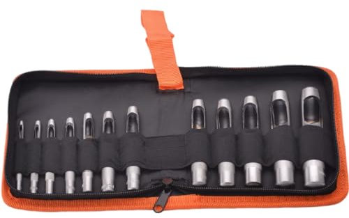 Sacabocados de Golpe en Acero Cromo Vanadio de 3mm a 16mm - Estuche de 12 unidades de Tamaños Diferentes - para Trabajos en Cuero y Telas, con Funda de Transporte Perfecto para Manualidades