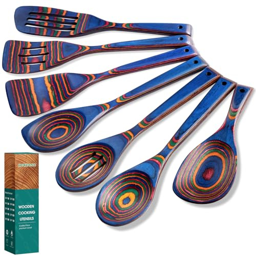 HOWHONG - Set di 7 cucchiai in legno Pakkawood da cucina con spatola, cucchiaio angolare, riso, paddle friendly per pentole antiaderenti (blu)