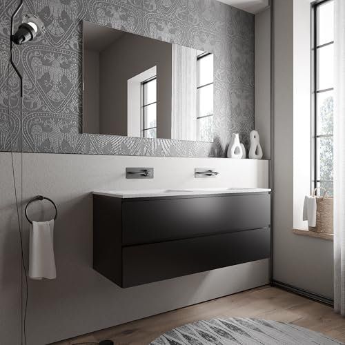 Bernstein Badmöbel-Set AVA 120cm bestehend aus Mineralguss-Doppel-Waschbecken mit Unterschrank in Schwarz matt, Waschtisch Cream - Weiß matt ohne Hahnloch, Ideal für große Bäder