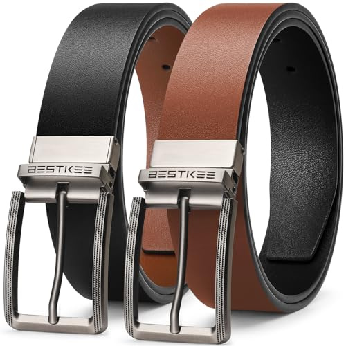 BESTKEE Bälte herr, läderbälte herr, 35 mm herrbälte, herrbälte, kostymbälte, jeansbälte för män, ett vändbart bälte två färger, Svart (brun), Bundweite 85cm=Gesamtlänge 95cm