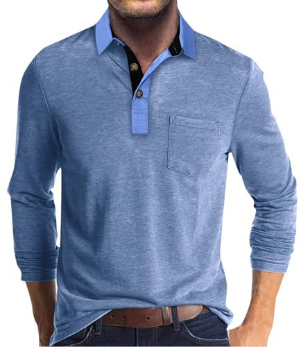 Generisch Poloshirt Langarm Herren, Golf Einfarbig T-Shirt Casual Tops Outdoor T Shirts Männer Herren Mit Brusttasche (XL, Hellblau)
