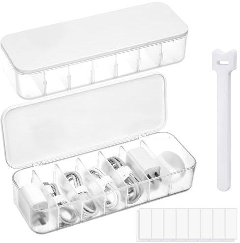 Zocipro 2Pcs Clear Cable Organiser Box with Lid, Cable Storage Box Organiser with 7 Compartments & 14 Cable Ties, Desktop Cable Box Tidy Hub Sorting Box for Cable Charger Storage (White)