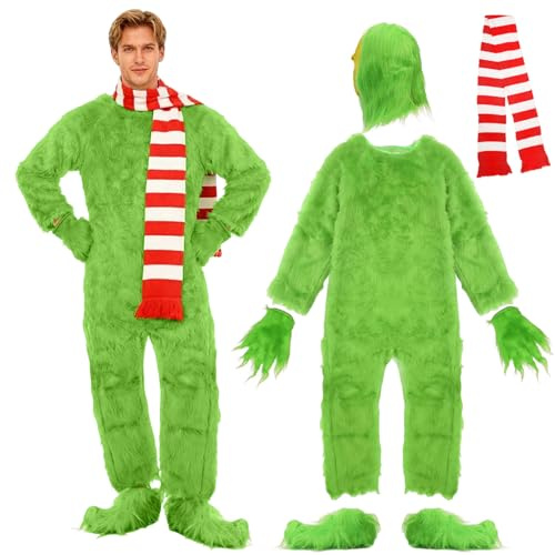 AENEY Costume da mostro verde per adulti, 5 pezzi, tuta pelosa con maschera, guanti, scarpe, sciarpa, vestito deluxe per feste di carnevale (S)