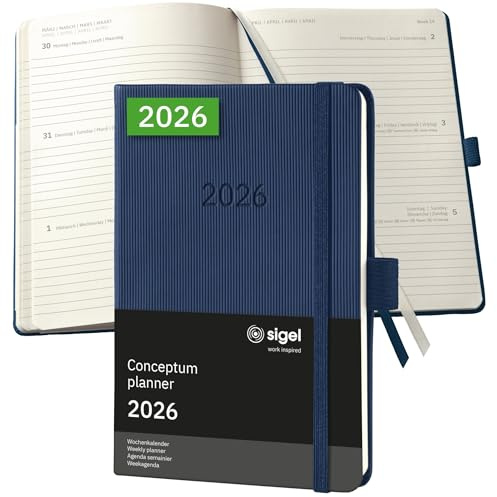 SIGEL C2663 Wochenplaner Wochenkalender 2026, ca. A6, dunkelblau, Hardcover, 176 Seiten, Gummiband, Stiftschlaufe, Archivtasche, aus nachhaltigem Papier, Kalenderbuch Conceptum