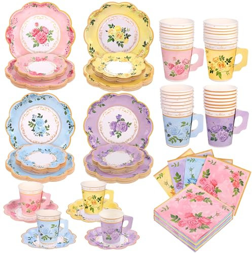 Kochorie 96 Piece Floral Paper Tea Cups and Saucers 9 Oz Teacup with Handle 9 Inch and 7 Inch Paper Plate Napkin Disposable Tea Party Supplies Serve 24 for Wedding Birthday, Pink, Blue, Yellow, Purple