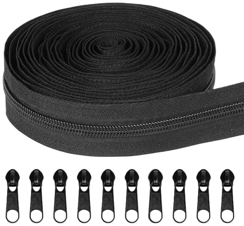 5M Cerniera Lampo, 10m Alluring Cerniera Nylon Continua con 10 Tirazip Tiranti, Cerniere Lampo per Biancheria da Letto, Abiti, Borse, Tessuti