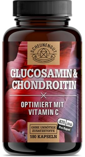 Glucosamin Chondroitin - Glucosamin Chondroitin Hochdosiert - SCHEUNENGUT® | Intensiv-Formel mit Vitamin C für eine normale Kollagenbildung* für Knochen und Knorpelfunktion -Laborgeprüft-180 Kapseln