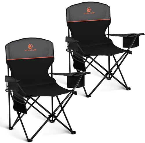 ALPHA CAMP Set of 2 Folding Camping Chairs with Cooler Bag & Cup Holder & Side Pocket Up to 120kg, Lightweight and Portable Camping Chair for Adults, Black