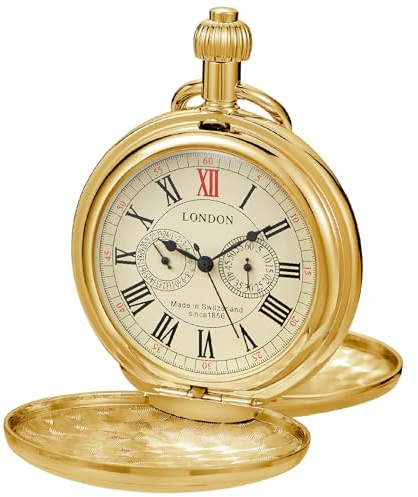Tiong Montre de Poche Mécanique Vintage Design Londres Acier Inoxydable Argent Or Train Montres de Poche pour Homme avec Chaîne, Rétro
