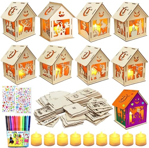 Decorazione di Zucca di Halloween Ornamento,Halloween Casa Legno Fai da Te,LED Kit Casette a forma di Zucca,3D Decorazioni da Tavola per Halloween Portacandele Tavolo per Halloween Addobbi Bambini DIY