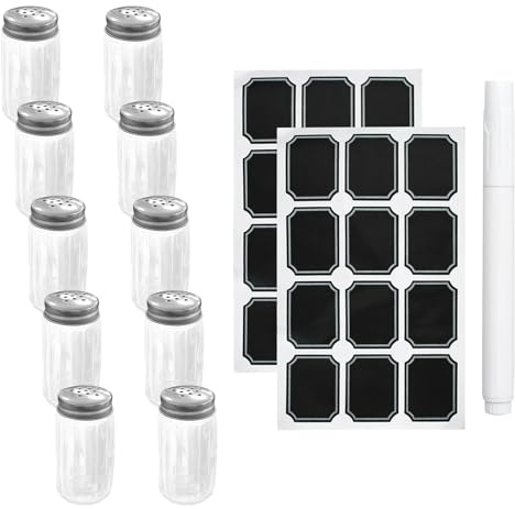 10 Mini Salzstreuer, 50ml Glas Salz und Pfefferstreuer Klein, Transparent, Inkl. Etiketten und Marker, Salzstreuer Mini für Küche, Tisch oder Gastronomie