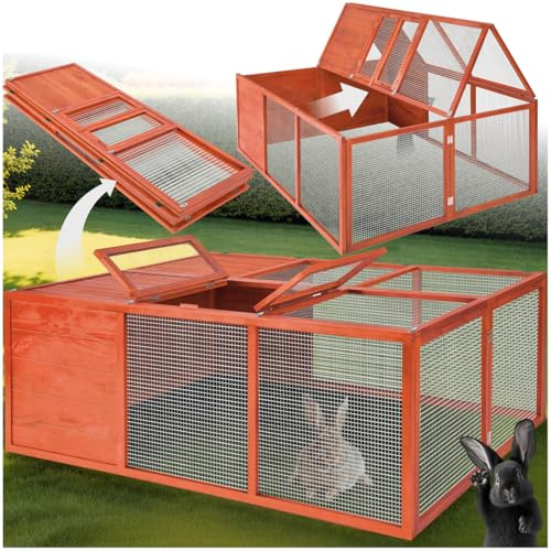 tectake® Conigliera da esterno Pieghevole, Recinto per Conigli con Apertura Tetto Bloccabile, Struttura in Legno Verniciato, Rete Metallica, Casetta da Giardino, Gabbia per conigli - 150 x 103 x 53 cm