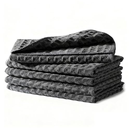 VYNZOR Set 5 Pezzi Strofinacci Waffle in Microfibra, Panno Multiuso per Cucina, Casa, Auto, Più Spesso e Assorbente, Ideale per Lavare i Piatti e Pulizie (Grigio, 25 cm)