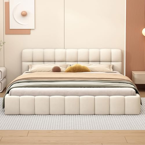 WSOFZMO Polsterbett 140 x 200 cm, Doppelbett 140x200 mit Lattenrost, Bubble Bett Bettgestell, Jugendbett mit Gepolstertes Kopfteil, Leinen, Ohne Matratze (Beige, 140 * 200)