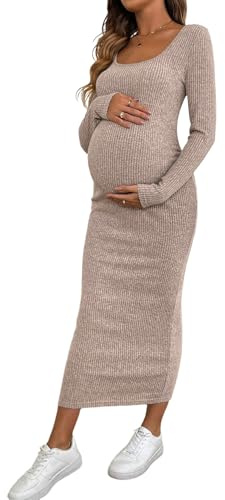 GORGLITTER Vestido ajustado para mujer, elegante vestido de punto para embarazadas, vestido de manga larga, vestido de maternidad, monocolor, vestido informal para otoño, rosa claro, XL