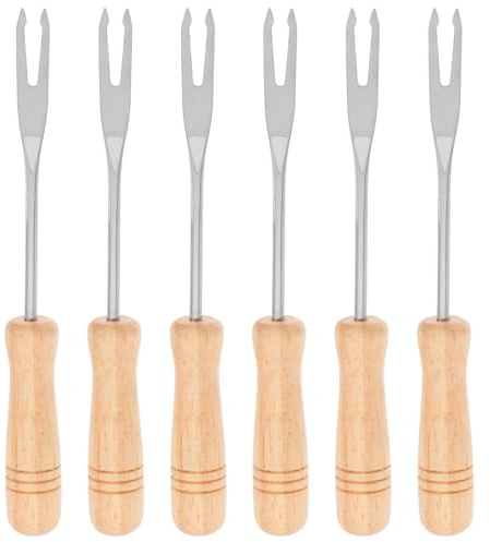 NIYANGLE Tenedores para Fondue de Queso de Acero Inoxidable Mango de Madera, Juego de 6 Tenedores para Frutas, Chocolate y Helado, Utensilios Portátiles para Olla Caliente y Aperitivos