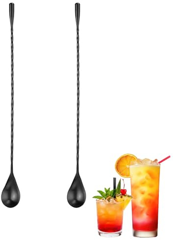 2 agitadores de cóctel de acero inoxidable, cuchara de coctelera, cuchara de mango largo con diseño en espiral para cócteles, bebidas, café (2, negro, 30 cm)
